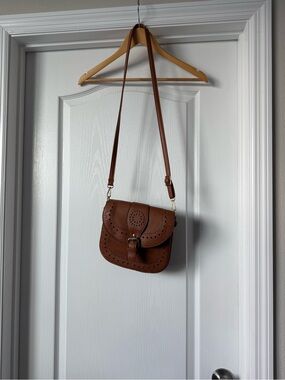 Brown Laser Cut Crossbody Saddle Bag Boho Faux Leather Purse